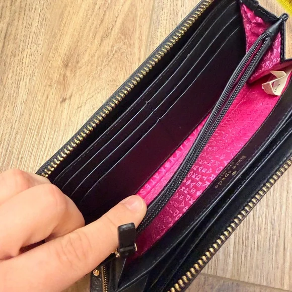 Kate Spade NY Black Leather Zip-Around Wallet with Gold Accent + Pink Interior - Picture 11 of 16